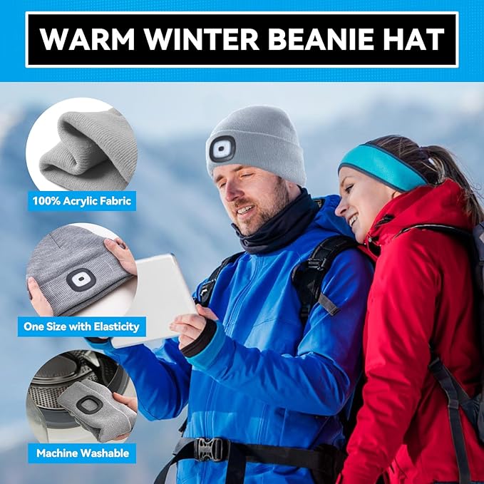 Valentines Day Gifts for Him, Beanie Hats with Light, USB Rechargeable LED Hand Free Headlamp, Birthday Gifts for Men, Women, and Teens, Ideal for Camping, Hiking, Grey