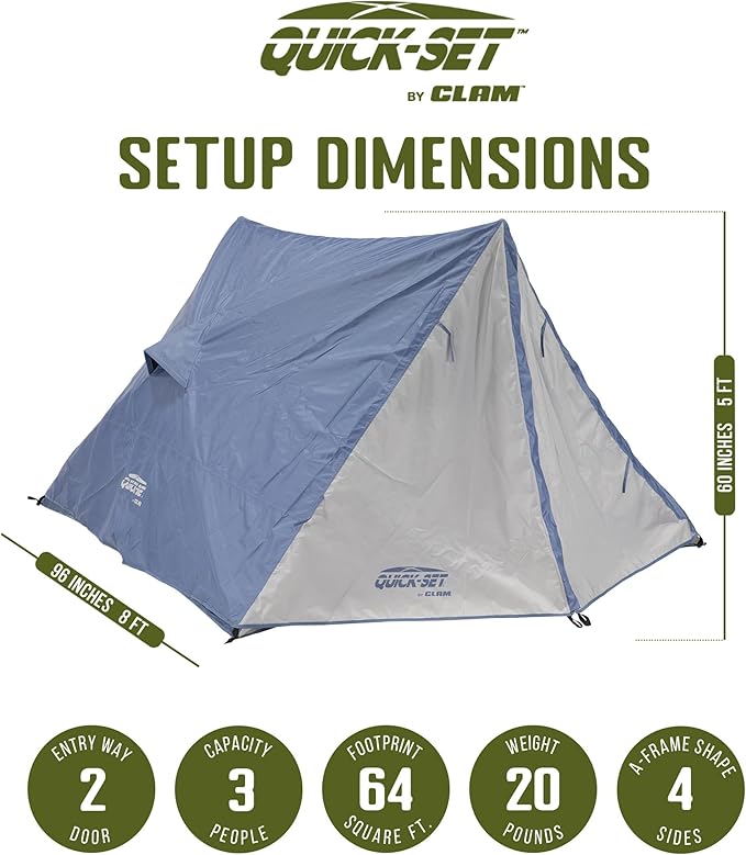 CLAM Quick-Set A-Frame Tent, 8 x 8 Ft Portable Outdoor Hiking Camping Shelter, Apex
