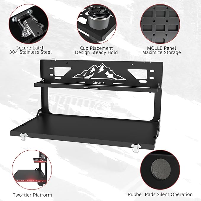 MusixiA Foldable Tailgate Table for Jeep Wrangler JL & JLU Wrangler JK & JKU(2007-2025) - Double-Layer Storage Cargo Shelf with Molle Panel, Aluminum Alloy