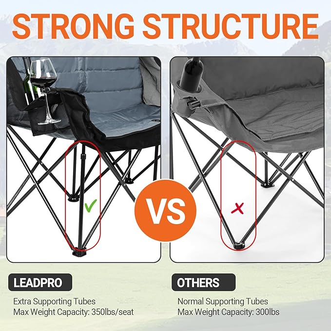 Double Camping Chair for Adults - Heavy Duty 700LB Oversized Padded Camping Loveseat, 2 Person Folding Outdoor Chair with Cup Holders for Lawn, Backyard (Grey)