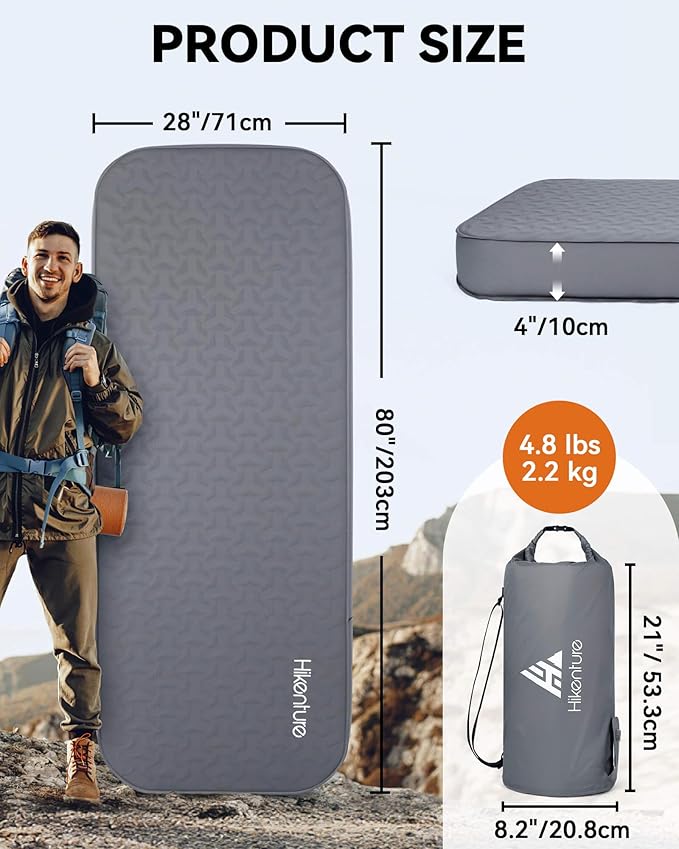 Hikenture 4" Thick Self Inflating Sleeping Pad, Foam & Air Camping Mattress, 9.5 R-Value Insulated Sleeping Mat, Portable All Season Camping Pad for Tent, Car, Cot, Truck
