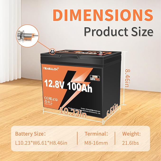 12.8V 100Ah Mini LiFePO4 Lithium Battery Built-in 100A BMS 1.28kWh 10-Year Lifespan Rechargeable Battery 6000 Deep Cycles Perfect for RV Trolling Motor Marine Solar