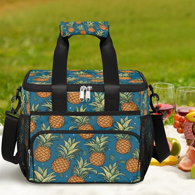 Leakproof Reusable Insulated Cooler Lunch Bag Summer Pineapple Pattern Picnic Lunch Box for Women Men Cooler Tote Office Work Camping Beach 24 Can 15L