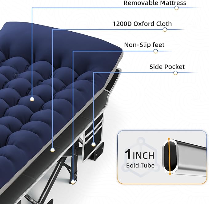 HABUTWAY Camping Cot with Mattress, 32" Extra Wide Camping Cots for Adults, Sleeping Cot for Adults Holds Up to 603LBS, Cots for Sleeping, Camp, Rv, Beach, Patio, Office Naps, 2PCS (Blue)
