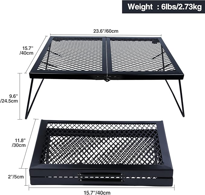REDCAMP Folding Heavy Duty Campfire Grill Steel Grate, Portable Camp Fire Cooking Racks for Outdoor Open Flame Cooking Large 23.6 * 15.7 * 9.6"