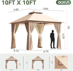 Aoxun 10x10 Outdoor Gazebo with 50FT LED Hanging Lights Metal Frame Canopy with Double Roofs Heavy Duty Party Tent Shelter with Mosquito Netting and Privacy Screen for Backyard, Lawn, Garden(Khaki)