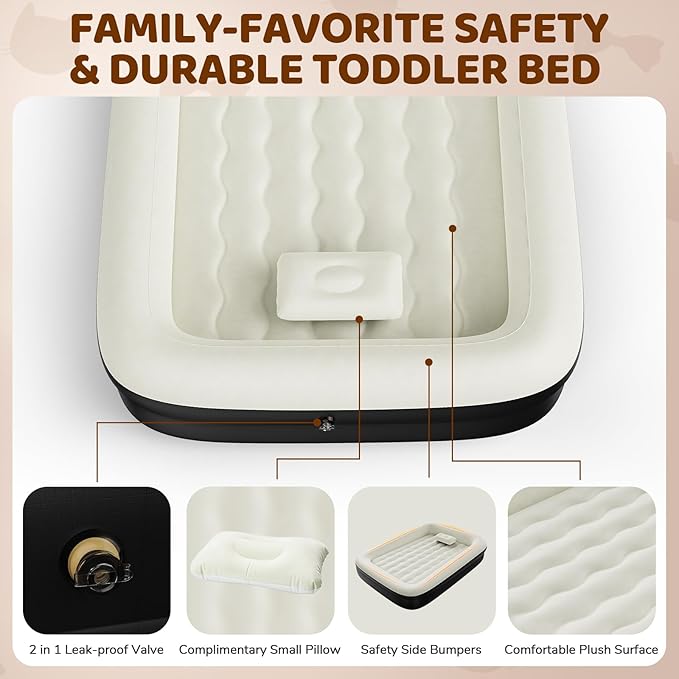 Inflatable Toddler Travel Bed - 64 Inches Portable Toddler Air Mattress with Four Safety Sides - High-Speed Pump and Carry Bag - Comfortable Mattress & Easy to Inflate and Deflate - Black