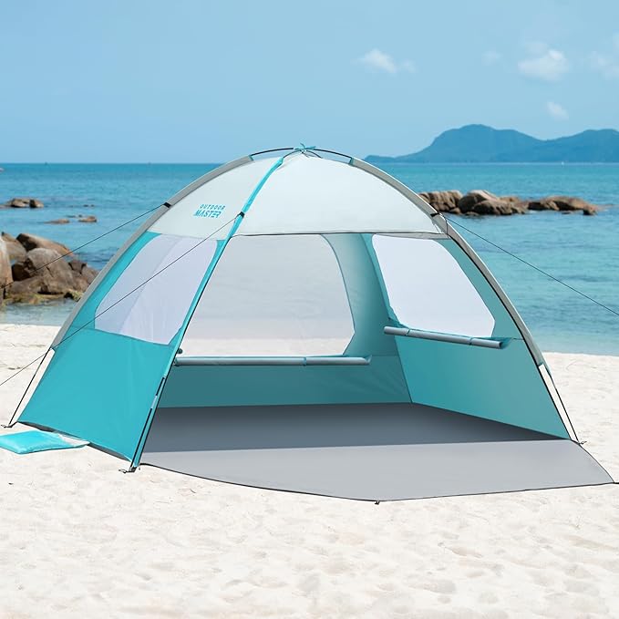 OutdoorMaster Beach Tent for 3/4/6/8 Person - Easy Setup Sun Shade Shelter, Portable Beach Shade Sun Canopy with UPF 50+ UV Protection, Removable Skylight Family Size