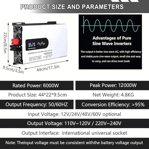 5000-12000w Pure Sine Wave Inverter Camping Inverter Portable Power, DC 12 V, 24 V, 48 V, 60 V, 72 V a CA 110 V for Home/RV/Truck/Car/Camping/Solar 72V-12000W