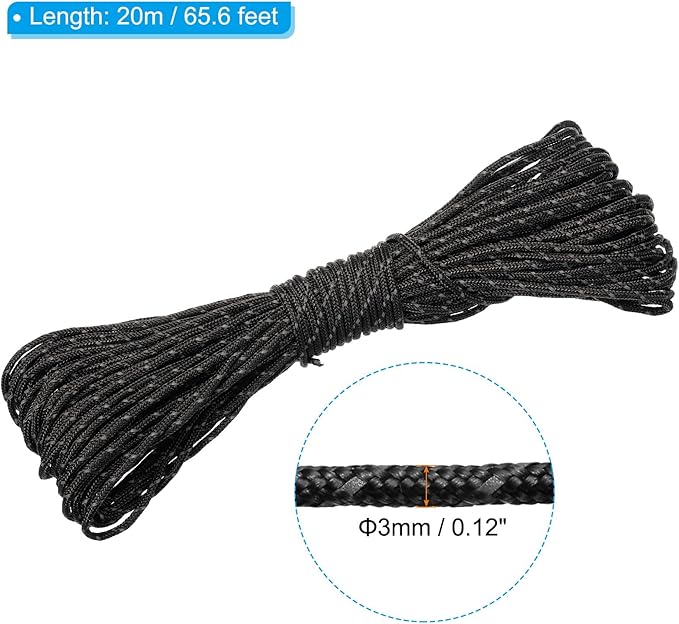 PATIKIL 65 Feet Reflective Guyline Camping Paracord, 3mm Tent Cord Guyline Rope Nylon Paracord Rope for Camping Tent Tarp Hiking Black (20M)