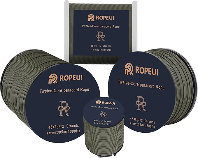 1000lb Paracord, 5/32" (4mm) 12 Strand Nylon Tactical Parachute Cord, 100ft–1000ft Utility Rope for Survival, Camping, Hiking, Outdoor Crafting, Bracelets & Clothesline