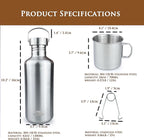 Canteen 42oz Single Wall Water Bottle with 24oz Nested Camping Cup and Carrier Bag, Bushcraft Gear, Wide Mouth Water Bottle, Survival Gear, Water Boiler, Self Reliance, Stainless Steel - Black