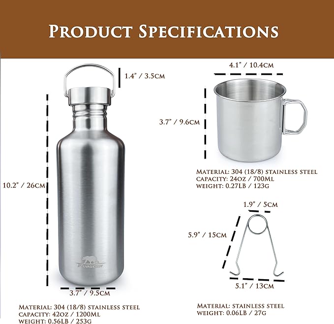 Canteen 42oz Single Wall Water Bottle with 24oz Nested Camping Cup and Carrier Bag, Bushcraft Gear, Wide Mouth Water Bottle, Survival Gear, Water Boiler, Self Reliance, Stainless Steel - Black