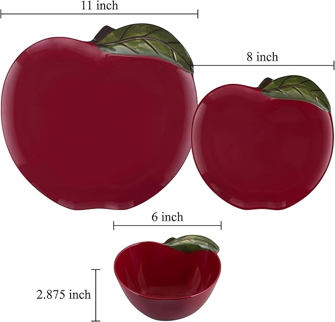 UPware 12 Piece Apple Melamine Dinnerware Sets, Outdoor Dishes Set, Plates and Bowls Sets, Service for 4, Red