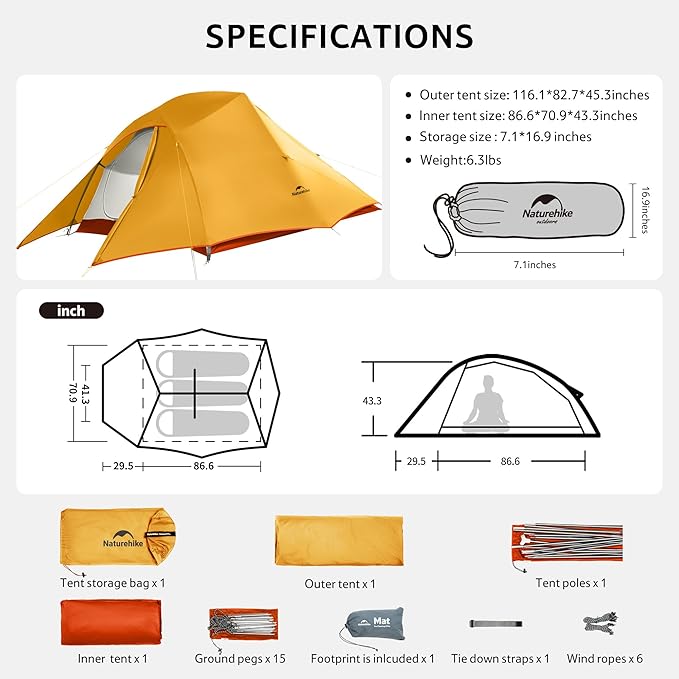 Naturehike Cloud Up 3 Person Backpacking Tent with Footprint - 3 Season Free Standing Lightweight 3 Person Camping Tent | with Footprint, Free Standing, Dome, Camping, Hiking, Waterproof