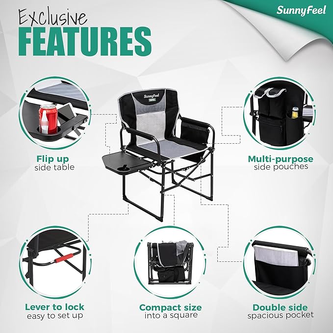 SUNNYFEEL Oversized Camping Directors Chair, Portable Folding Lawn Chairs for Adults Heavy Duty with Side Table,Pocket for Beach, Fishing,Picnic,Concert,Tailgating，Outdoor Foldable Camp Chair