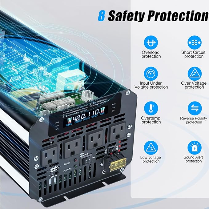 LVYUAN 5000 Watt Power Inverter 48V to 110V 120V for Vehicle, Solar Inverter System, Heavy Duty, RV, Truck, Off Grid,Camping with 4 AC Outlets, LCD Display, Wireless Remote Control, Car Power Inverter