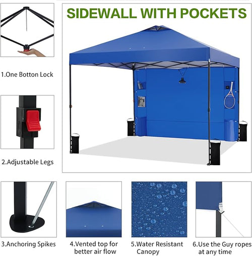 10'x10' Pop Up Canopy Tent with 1 Sidewall and 6 Pockets, One Push Setup, Instant Shade Tent with Vented Roof for Beach Patio Outdoor, Case, 8 Stakes, 4 Ropes, 4 Sandbags (Royal Navy, 10x10)