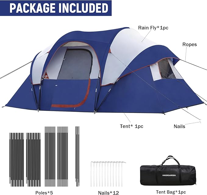 HIKERGARDEN 10 Person Camping Tent - Portable Easy Set Up Family Tent for Camp, Windproof Fabric Dome Tent Outdoor for Hiking, Backpacking, Traveling-14'x11'x74in(H)