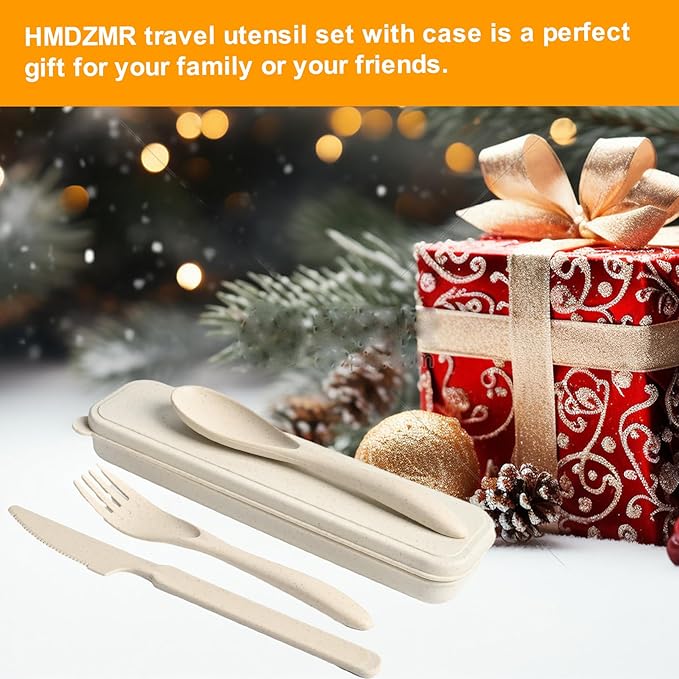 Travel Utensils with Case, Camping Utensils Wheat Straw Reusable Utensils Set With Case, Knife Fork and Spoon Utensil for Lunch Box (2 Pack)