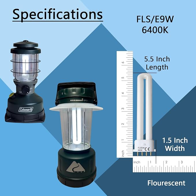 FLS/E9W 6400K Camping Lantern Bulb,Replacement for 9W Fluorescent Bulb,4 Pin 2G7 Base,5.5 inch Special Size,6400K(2PACK)