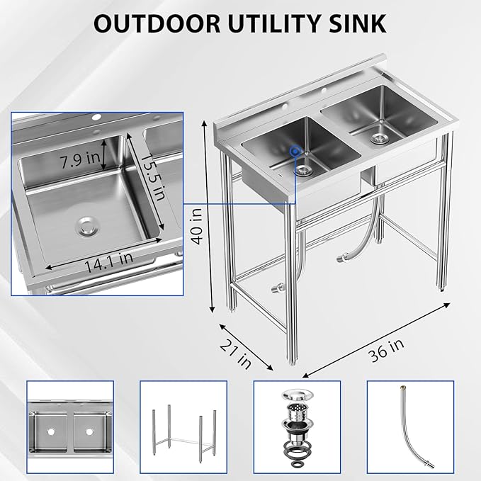 Zstar Stainless Steel Utility Sink, Commercial Restaurant Freestanding Double Bowl Laundry Sink, NSF Certificated, Outdoor Camping Stainless Steel Sink Set for Garage, Restaurant, Backyard (36in)