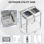 Zstar Stainless Steel Utility Sink, Commercial Restaurant Freestanding Double Bowl Laundry Sink, NSF Certificated, Outdoor Camping Stainless Steel Sink Set for Garage, Restaurant, Backyard (36in)