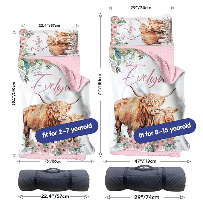 Custom Toddler Nap Mat for Preschool, Personalized Name Kids Sleeping Bag with Highland Cow Pattern for Daycare, Roll Up Sleeping Mat with Removable Pillow and Soft Dot Minky Blanke for Girls Camping
