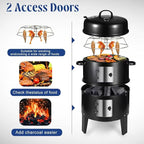 3-in-1 Vertical Charcoal Smoker Grills For Backyard Barbecues, 17 Inch Portable Smoker bbq Grill with Thermometers and 2 Access Doors for Parties Outdoor Camping Cooking (17 Inch)