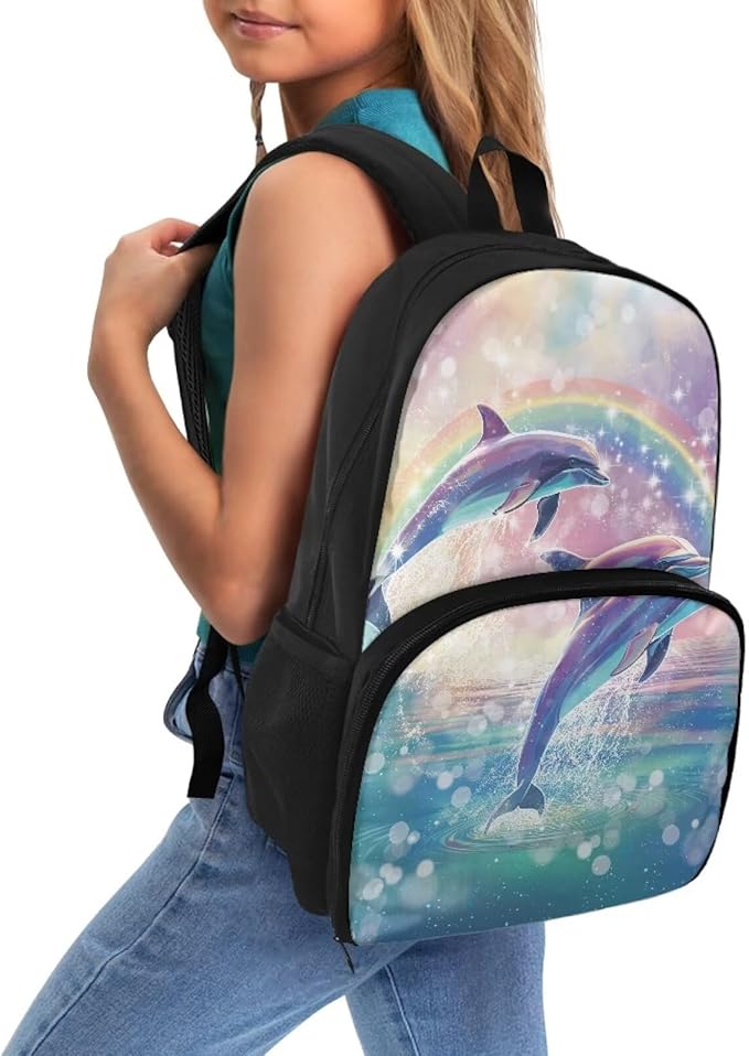 17 Inch Travel Laptop Backpack for Women, Middle-School Elementary Student Bookbags Large Capacity Casual Hiking Outdoor Daypack with Multi Pockets, Rainbow Dolphin