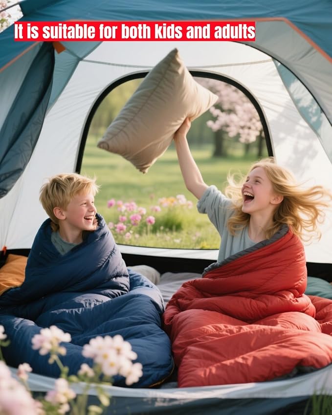Single Sleeping Bag for Adults Kids 3-Season, Lightweight Waterproof Ripstop, Dual Zipper Bottom Vent, Compression Sack, Portable Camping Hiking Backpacking Gear
