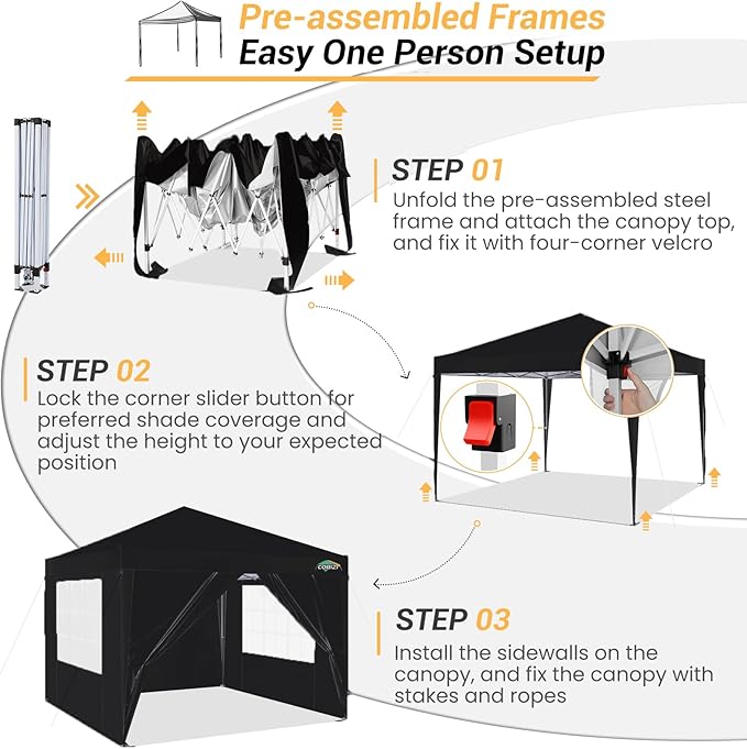 COBlZI 10x10 Pop Up Canopy Tent with 4 Removable Sidewalls, Waterproof Commercial Easy Adjustable Gazebo Tent with Air Vent, 4 Sandbags, 4 Stakes & 8 Ropes（Outdoor Tents for Parties/Exhibition,Black
