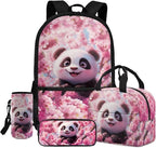 Panda School Backpack Set Kids 4 Piece with Lunch Box and Water Bottle Bag Pencil Case Large Capacity Lightweight Travel Backpack for Kids 8-12 Kindergarten Elementary Middle Camping