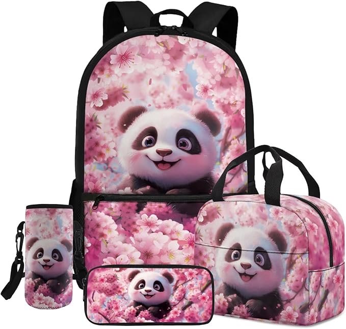 Panda School Backpack Set Kids 4 Piece with Lunch Box and Water Bottle Bag Pencil Case Large Capacity Lightweight Travel Backpack for Kids 8-12 Kindergarten Elementary Middle Camping