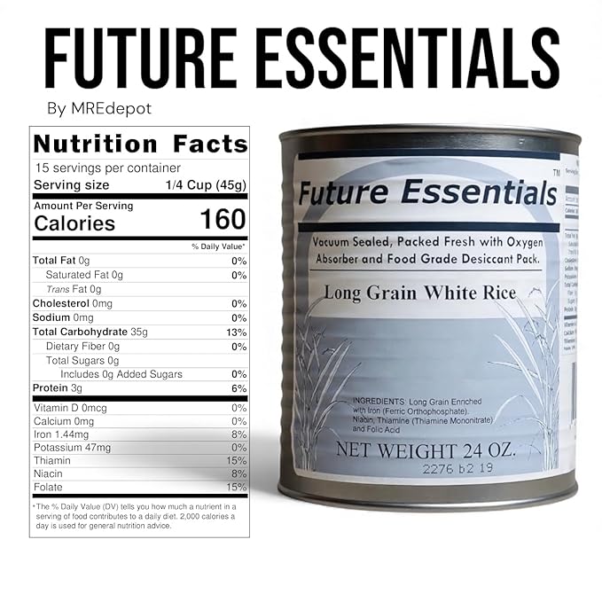 Future Essentials Long Grain White Rice – USA Grown, Uncooked White Rice with 25-Year Shelf Life – Shelf-Stable, Vacuum-Sealed Emergency Food – 24 oz #2.5 Can (Pack of 6)