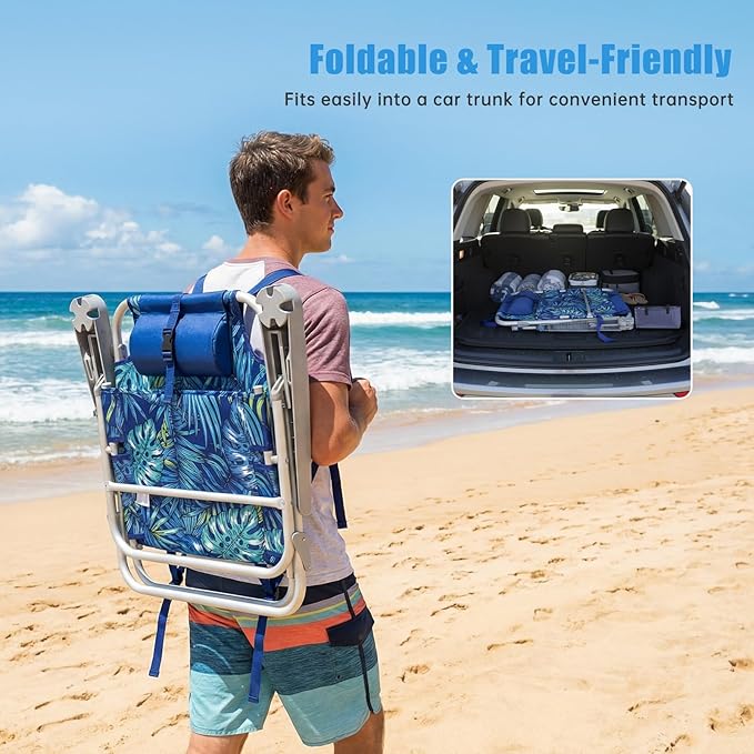 SUNNYFEEL Beach Chairs for Adults 2 Pack 5 Position Lay Flat, Portable Folding Backpack Beach Chair Heavy Duty with Cooler Bag, Cup Holder for Outdoor/Lawn/Picnic/Sand, Foldable Camping Chair