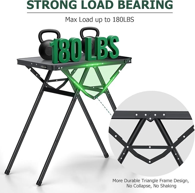 JiGiU Folding Camping Table Height Adjustable Aluminum Alloy Foldable Pinic Table 180lbs Capacity with Handle Stable Triangle Feet for Outdoor Indoor Hiking Camp BBQ Beach (Black, MDF Tabletop)