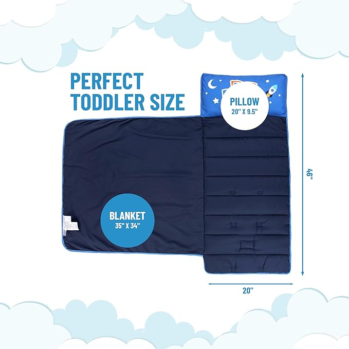 Jay Franco Kids Nap Mat with Embedded Pillow & Blanket – Soft 46"x20" Microfiber Sleeping Bag with Name Tag & Handle for School, Travel, Sleepover