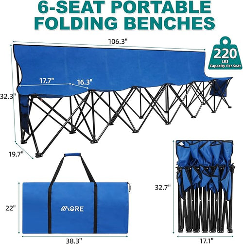 1MORE Portable Folding Bench, Foldable Sideline Bench for Team, 6 Seats Outdoor Camping Chair with Carry Bag & Backrest, Team Sport Sideline Bench for Football,Soccer, Fishing. Blue