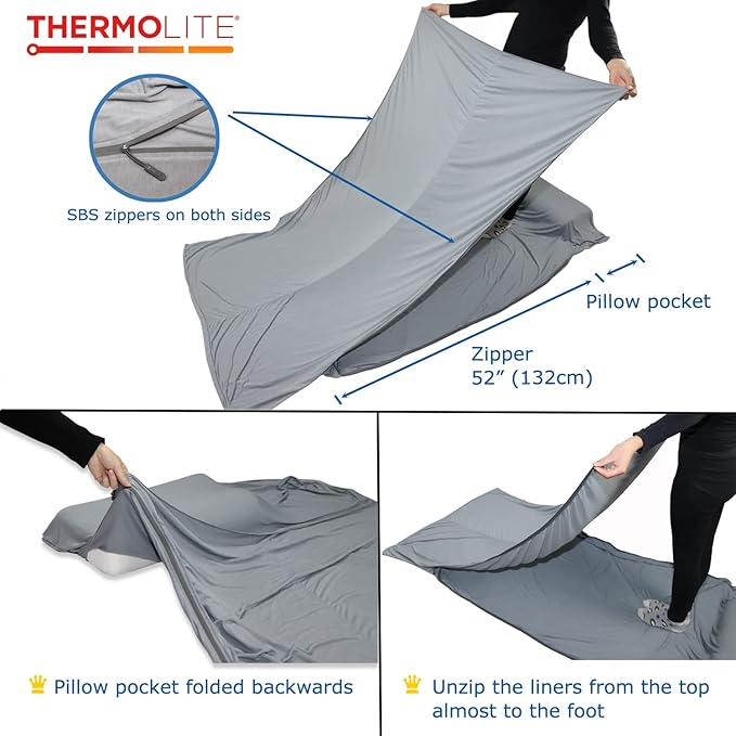 BROWINT Thermolite Sleeping Bag Liner with Zippers for Cold Weather, Lightweight Mummy with Hood & Rectangular Sleep Sack for Adult, Adds Warmth, Thermal Travel Liner, All Season