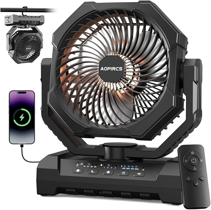 Portable Fan Rechargeable, 60H Long-Lasting Battery Powered Fan - 4 Speeds, 3 Light, Timer, Sleep Mode, Hook, Fans for Camping Gear, Travel Essentials, Tent, RV, Outdoors, Garage, Emergency