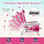 GYMAX Beach Chair, 330lbs Backpack Lounger with 5-Position Backrest, Storage Bag, Side Pocket, Towel Bar & Headrest, Foldable Low Beach Lounge, Portable Aluminum Lay Out Camp Chair (1, Pink)