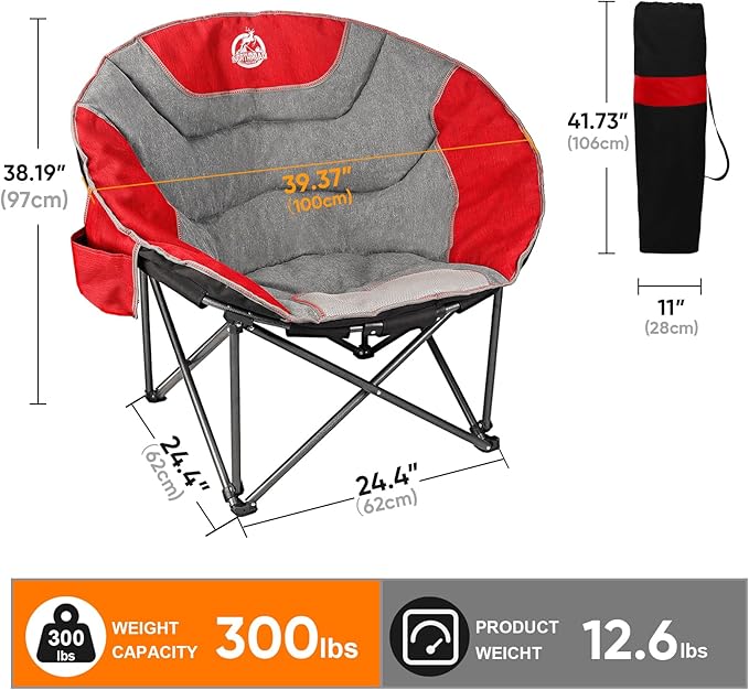 Northroad XXL Camping Moon Chair,Oversized Round Chair,Folding Padded Saucer w/Side Pocket,500lbs Capacity for Outdoor Hiking Fishing Picnic Lawn,Red&Grey
