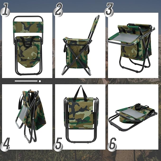 Jerify 2 Pcs Fishing Chair with Cooler Bag Multi-Function Foldable Compact Fishing Stool Hunting Chair Portable Backrest Stool with Folding Backpack for Finishing Camping Hunting Travel(Camo Color)