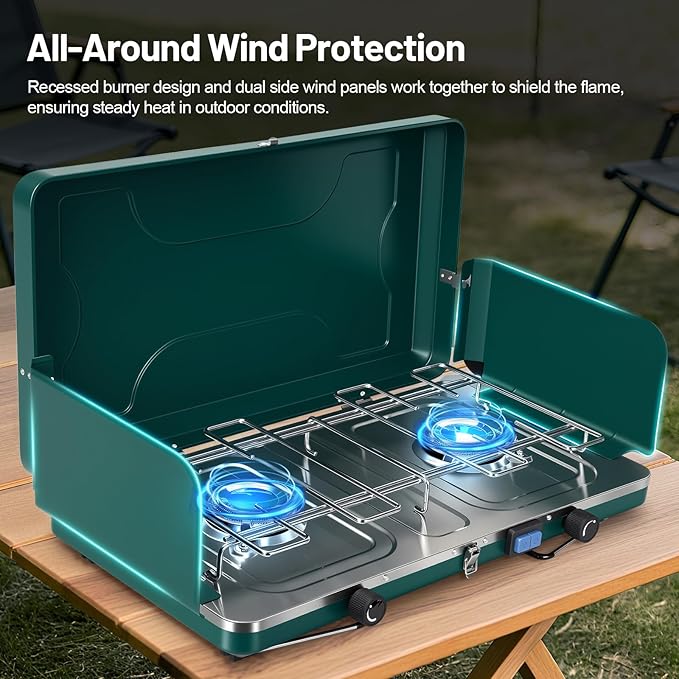 2 Burner Propane Stove, 20000BTU Portable Camping Stove with 2 Adjustable Burner and Wind Guards, Camping Cooktop with Ignition & Griddle for Camping,Tailgating, BBQ, Grilling,Outdoor Gear
