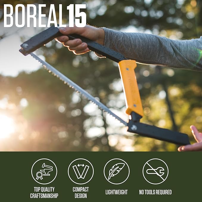 AGAWA - BOREAL15-15 Inch Folding Saw with All-Purpose Saw Blade - Camping Gear For Hiking, Fishing, Hunting, Bushcraft & Survival Kit (Black Frame/Yellow Handle)