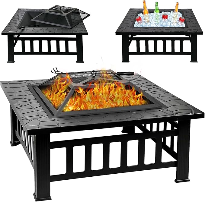 32 Inch Fire Pit Table with Fire Poker & Spark Screen, Outdoor Burning Fire Pits, 3 in 1 Metal Square Firepit Stove for Outside Heating, Bonfire Party, Camping, Patio, Garden