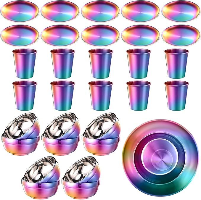 Layhit 30 Pcs Rainbow Stainless Steel Dinnerware Set Include Set of 10 Plates Bowls Cups Iridescent Cooking Tableware Reusable Metal Dishes Cutlery Bulk for Camping Picnic Kitchen Dessert Salad Dinner