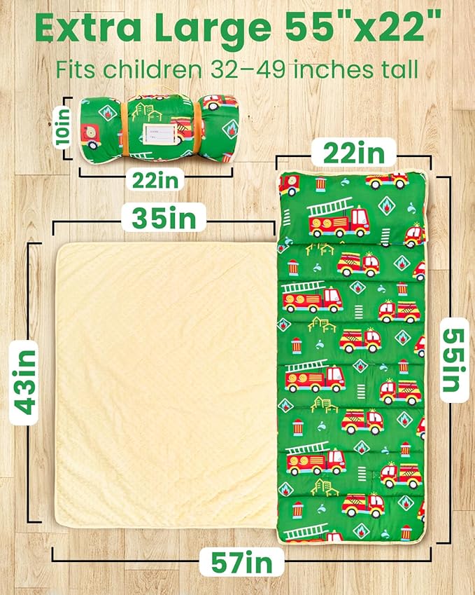 Toddler Nap Mat with Pillow and Minky Blanket, Large 55"x38" Sleeping Bag, Washable, Lightweight, Easy to Roll, Perfect for Preschool, Daycare, Kindergarten, Travel, Boys and Girls-Truck