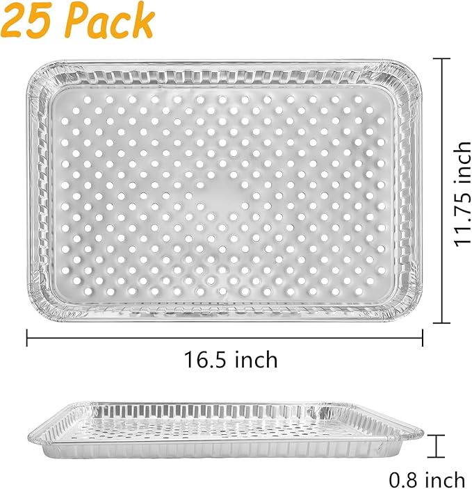 Frcctre 25 Pack Disposable Aluminum Grill Pans, 16 x 12 Inch Large Aluminum Broiler Pans Foil Grill Trays Topper Pan Sheet Pan with Holes for for Outdoor Cooking and Camping, BBQ